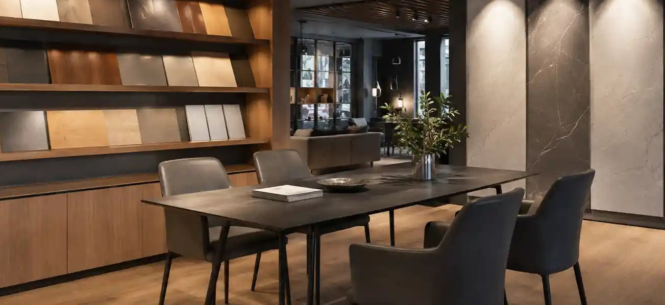 Showroom dining tables under track spotlights