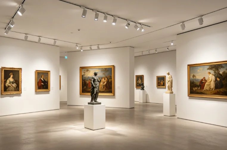 Gallery room with white track spotlights aimed at the walls