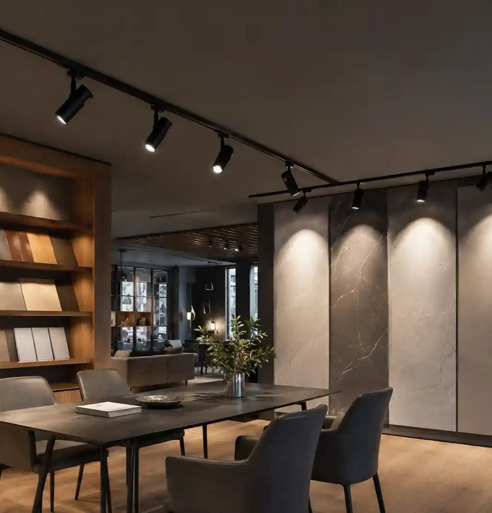 Materials showroom lit by black track with adjustable spotlights